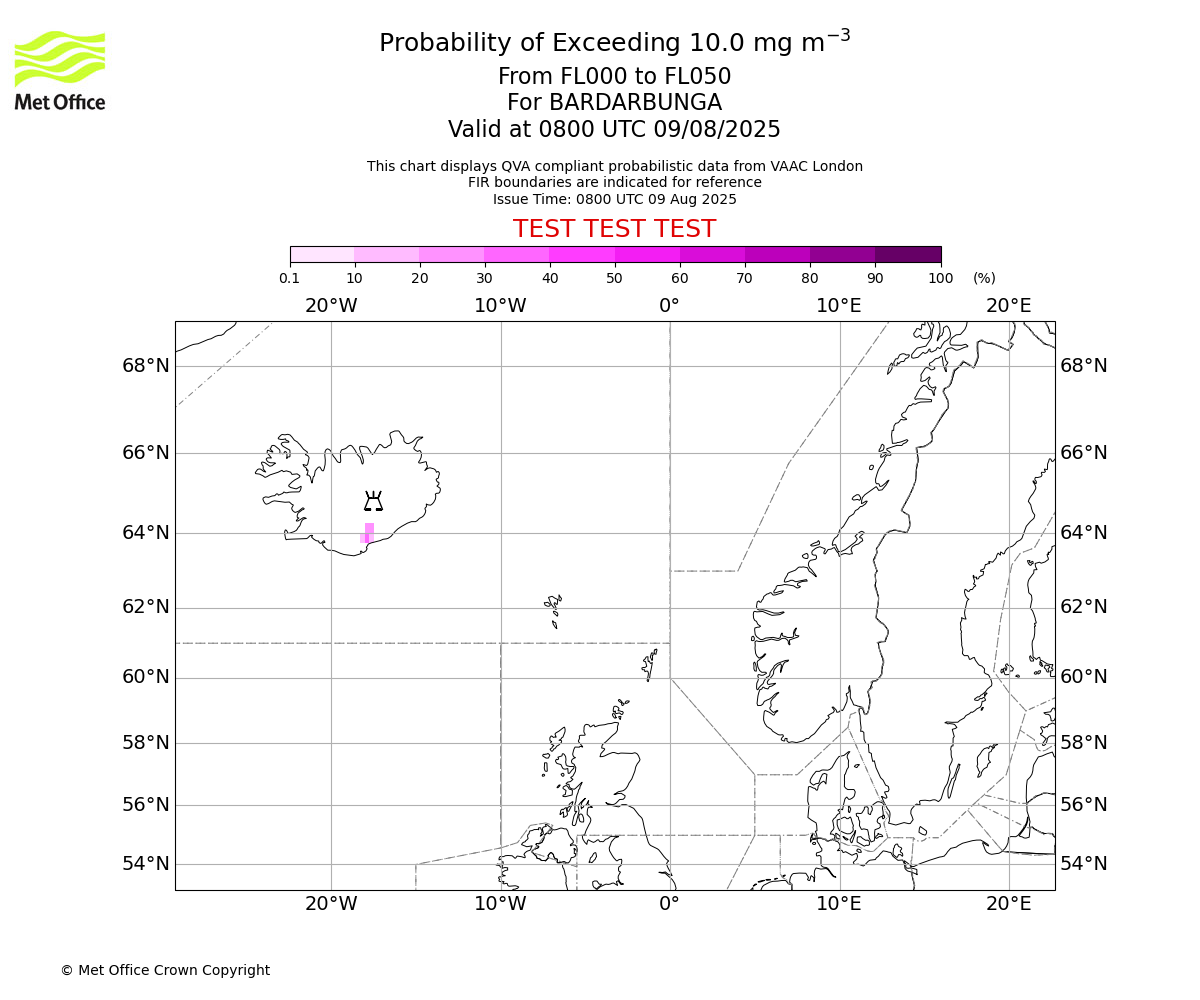 Probability of exceeding 10.0 milligrams per metre cubed. From 000 to 050 for BARDARBUNGA. Valid at 0800 UTC 09/08/2025