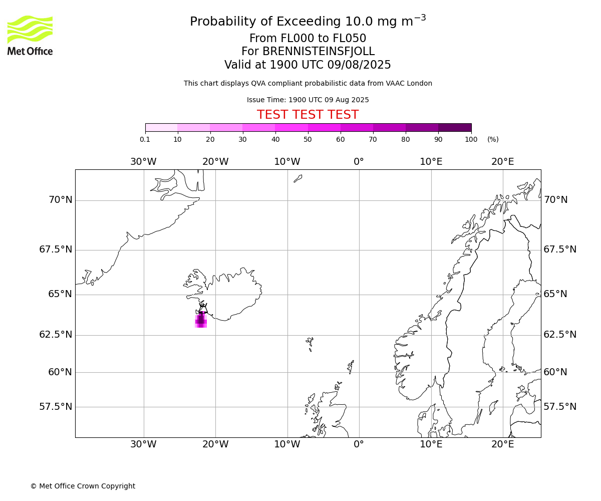 Probability of exceeding 10.0 milligrams per metre cubed. From 000 to 050 for BRENNISTEINSFJOLL. Valid at 1900 UTC 09/08/2025