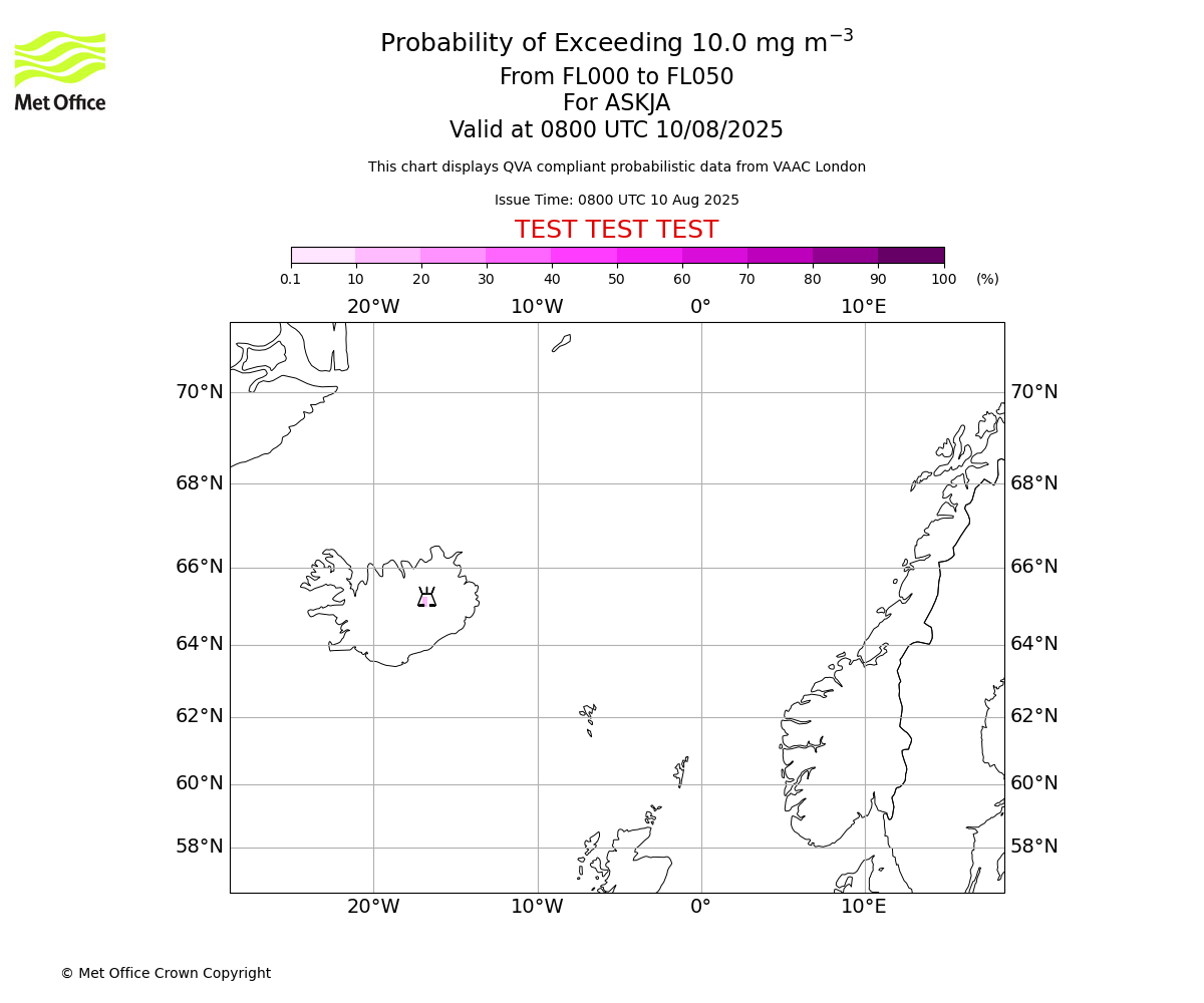 Probability of exceeding 10.0 milligrams per metre cubed. From 000 to 050 for ASKJA. Valid at 0800 UTC 10/08/2025