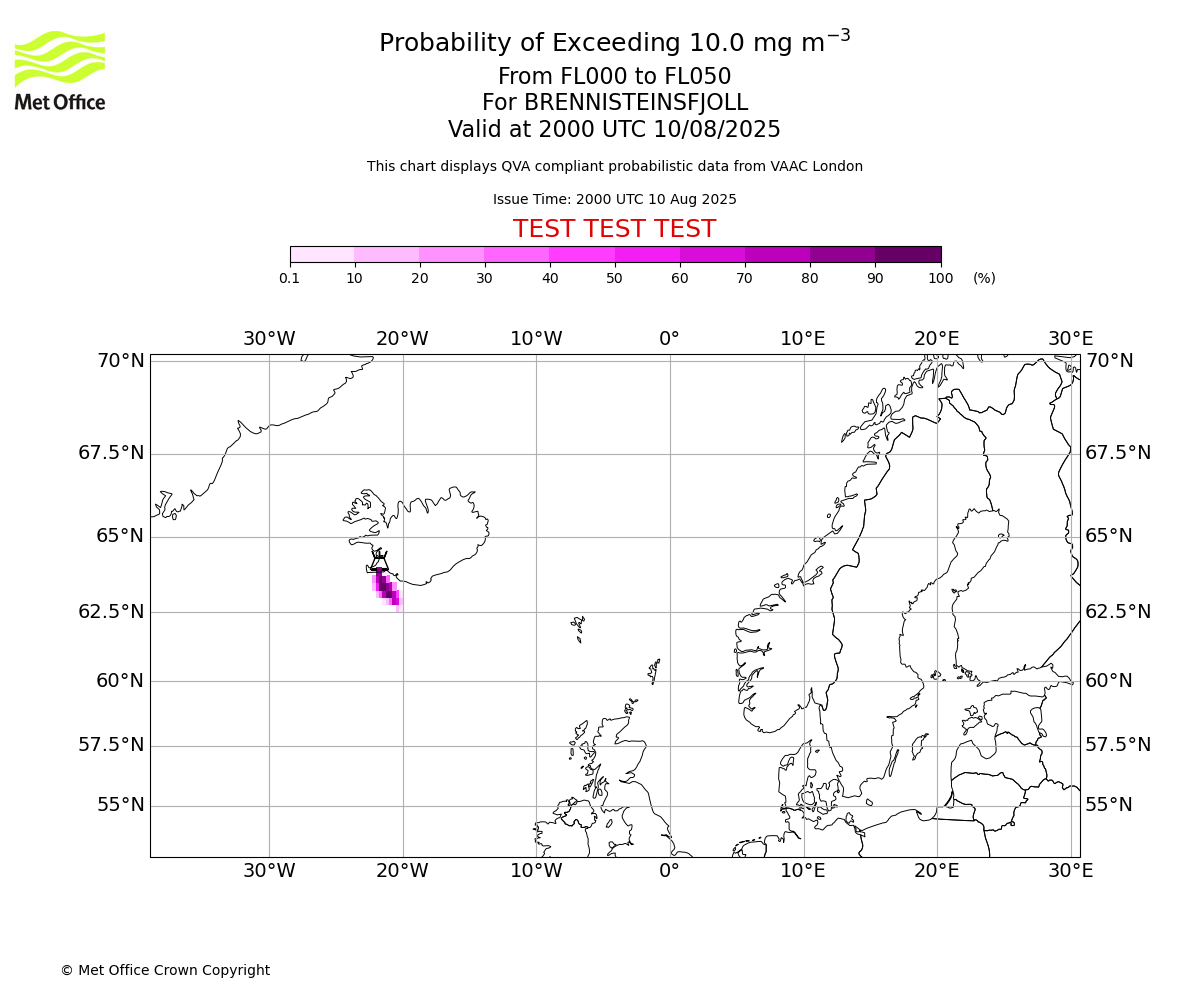 Probability of exceeding 10.0 milligrams per metre cubed. From 000 to 050 for BRENNISTEINSFJOLL. Valid at 2000 UTC 10/08/2025