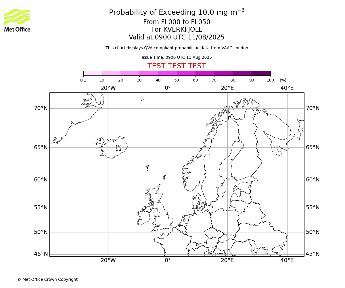 Probability of exceeding 10.0 milligrams per metre cubed. From 000 to 050 for KVERKFJOLL. Valid at 0900 UTC 11/08/2025