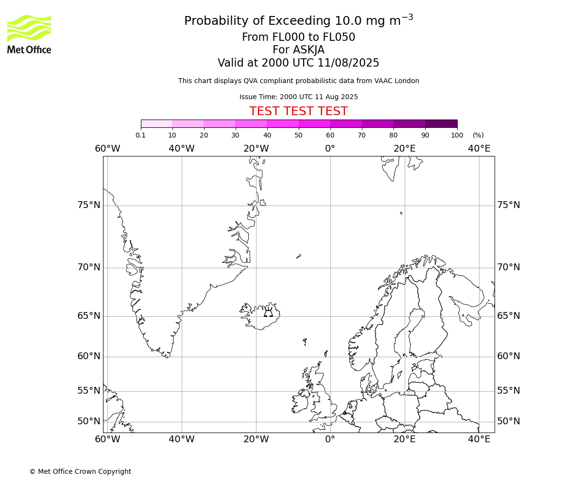 Probability of exceeding 10.0 milligrams per metre cubed. From 000 to 050 for ASKJA. Valid at 2000 UTC 11/08/2025