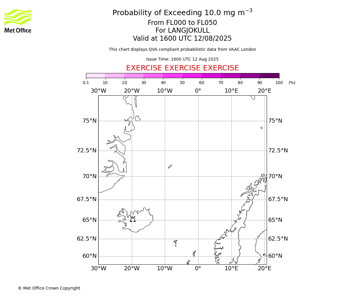 Probability of exceeding 10.0 milligrams per metre cubed. From 000 to 050 for LANGJOKULL. Valid at 1600 UTC 12/08/2025