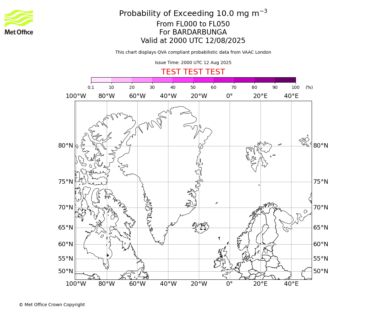Probability of exceeding 10.0 milligrams per metre cubed. From 000 to 050 for BARDARBUNGA. Valid at 2000 UTC 12/08/2025