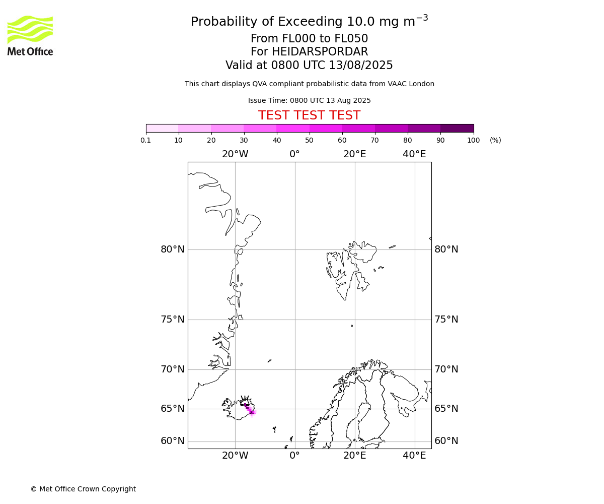 Probability of exceeding 10.0 milligrams per metre cubed. From 000 to 050 for HEIDARSPORDAR. Valid at 0800 UTC 13/08/2025