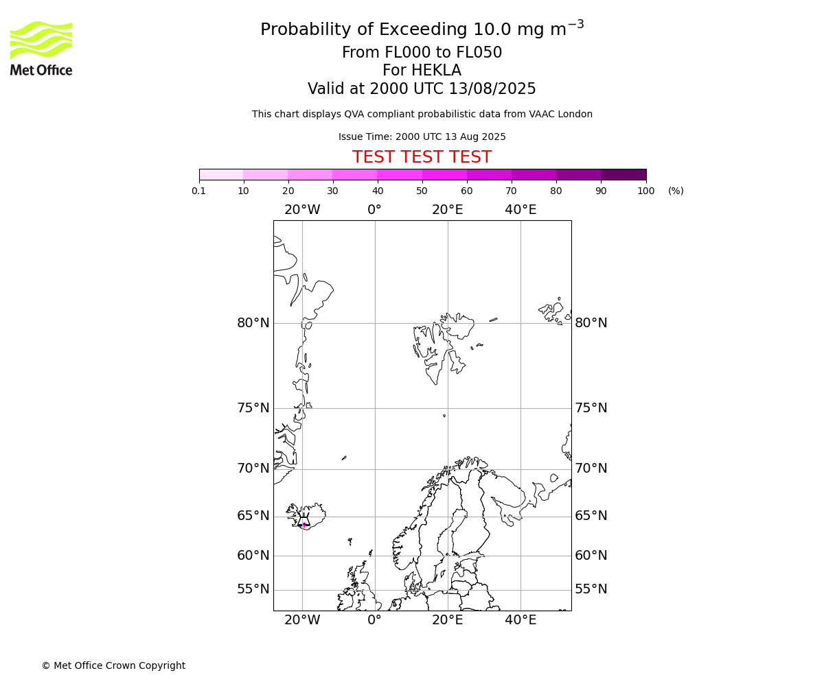Probability of exceeding 10.0 milligrams per metre cubed. From 000 to 050 for HEKLA. Valid at 2000 UTC 13/08/2025