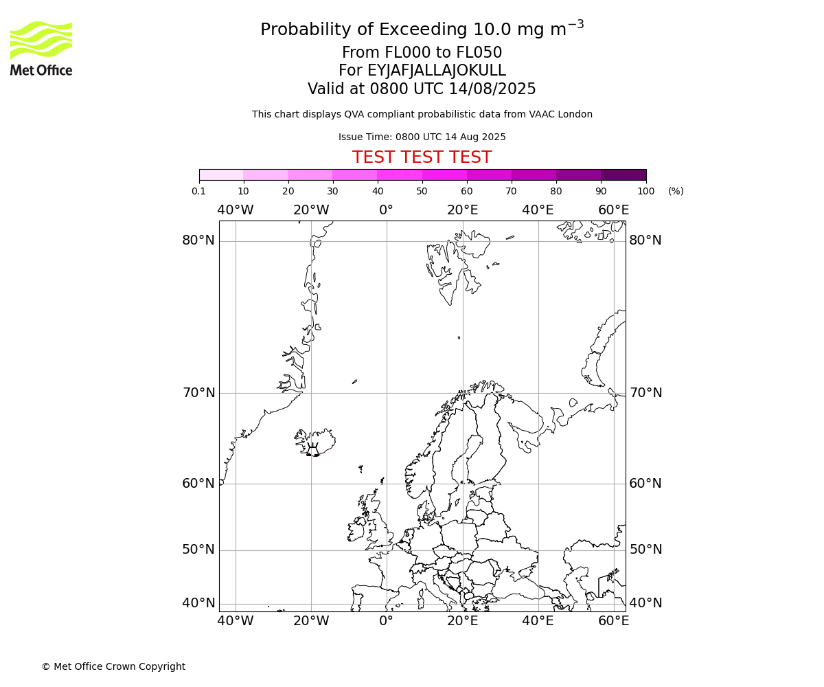 Probability of exceeding 10.0 milligrams per metre cubed. From 000 to 050 for EYJAFJALLAJOKULL. Valid at 0800 UTC 14/08/2025