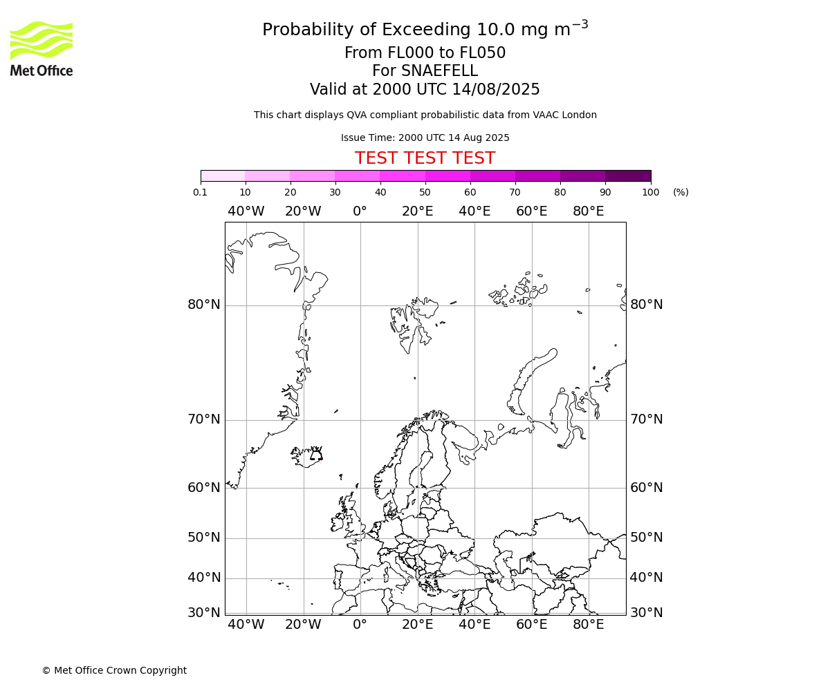 Probability of exceeding 10.0 milligrams per metre cubed. From 000 to 050 for SNAEFELL. Valid at 2000 UTC 14/08/2025