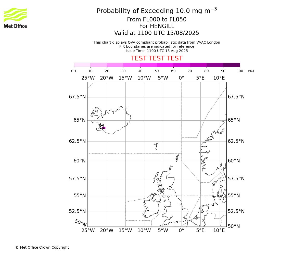 Probability of exceeding 10.0 milligrams per metre cubed. From 000 to 050 for HENGILL. Valid at 1100 UTC 15/08/2025