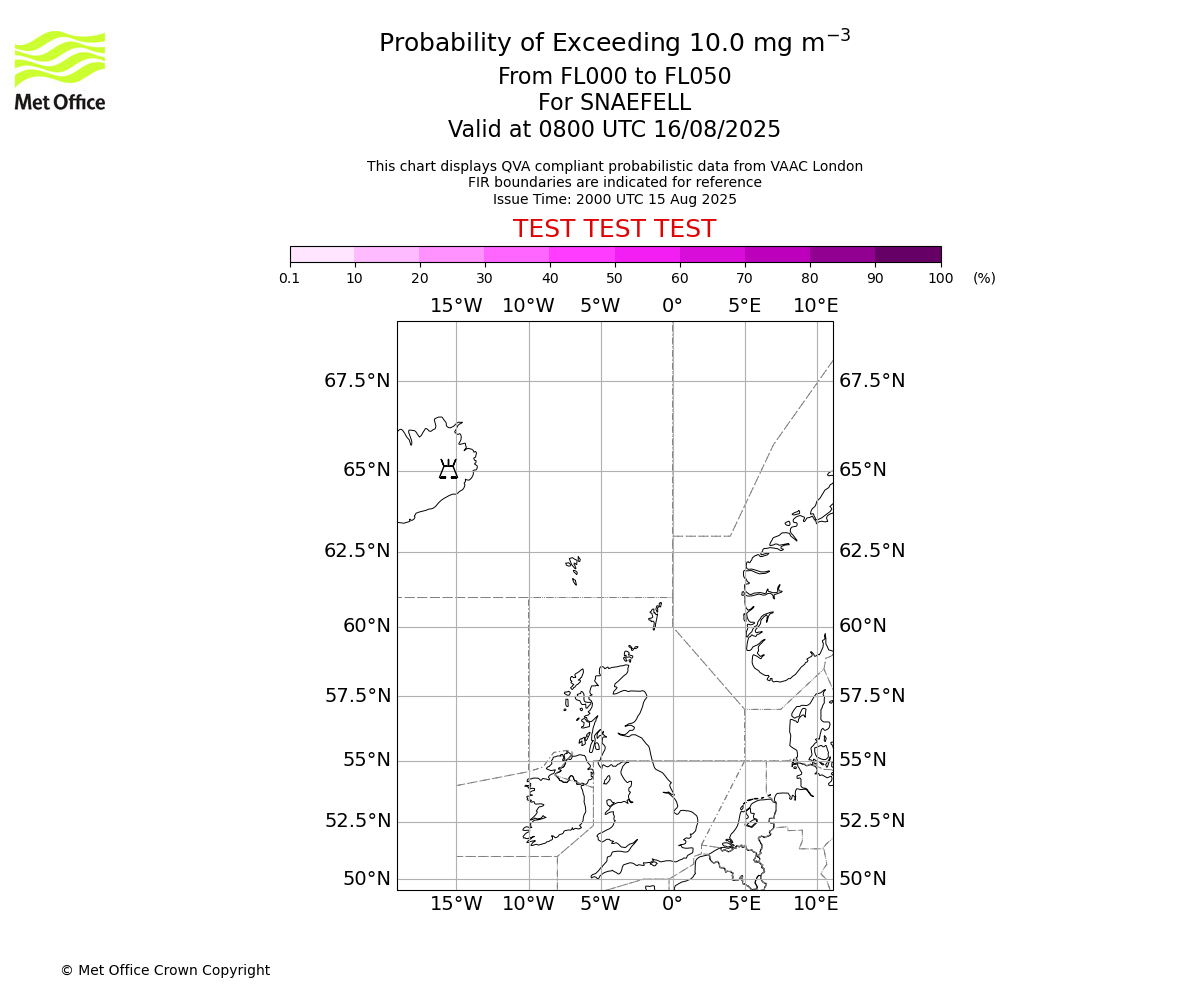 Probability of exceeding 10.0 milligrams per metre cubed. From 000 to 050 for SNAEFELL. Valid at 0800 UTC 16/08/2025