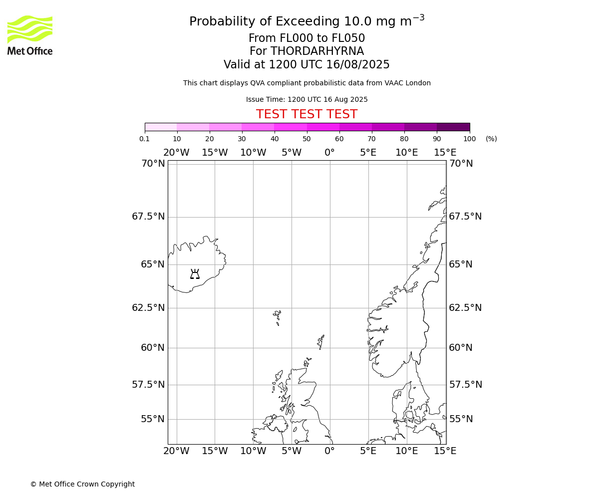 Probability of exceeding 10.0 milligrams per metre cubed. From 000 to 050 for THORDARHYRNA. Valid at 1200 UTC 16/08/2025