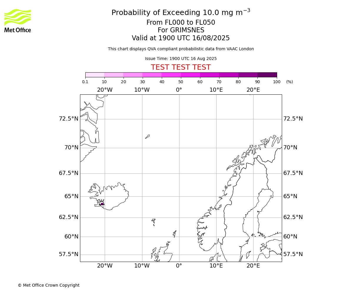 Probability of exceeding 10.0 milligrams per metre cubed. From 000 to 050 for GRIMSNES. Valid at 1900 UTC 16/08/2025
