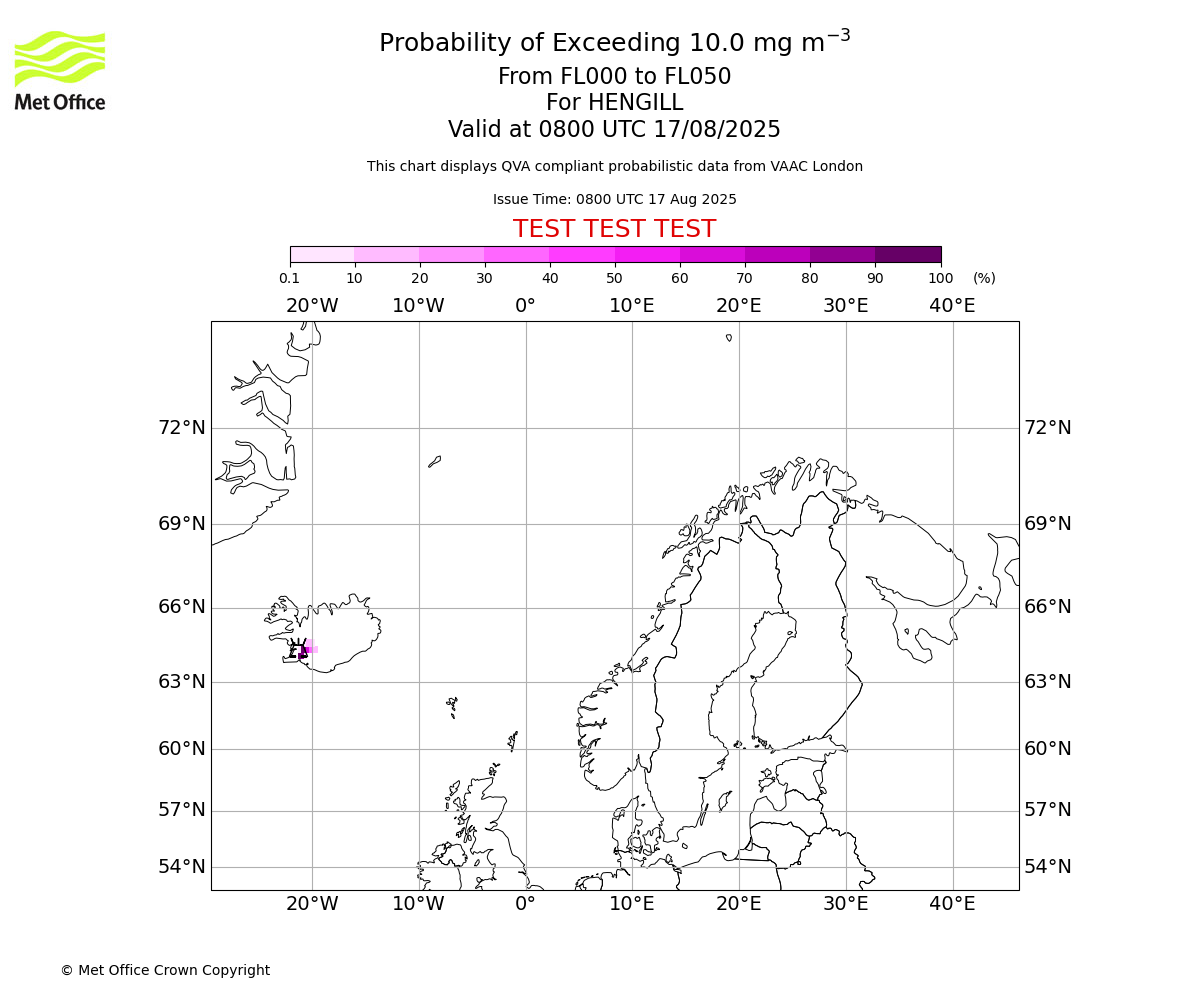 Probability of exceeding 10.0 milligrams per metre cubed. From 000 to 050 for HENGILL. Valid at 0800 UTC 17/08/2025