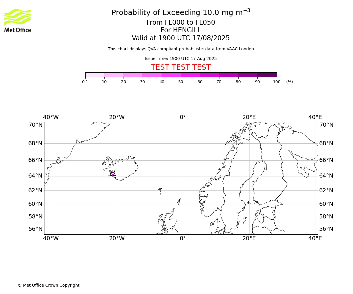 Probability of exceeding 10.0 milligrams per metre cubed. From 000 to 050 for HENGILL. Valid at 1900 UTC 17/08/2025