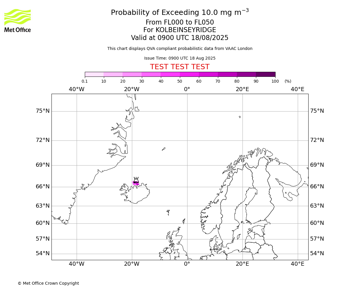 Probability of exceeding 10.0 milligrams per metre cubed. From 000 to 050 for KOLBEINSEYRIDGE. Valid at 0900 UTC 18/08/2025