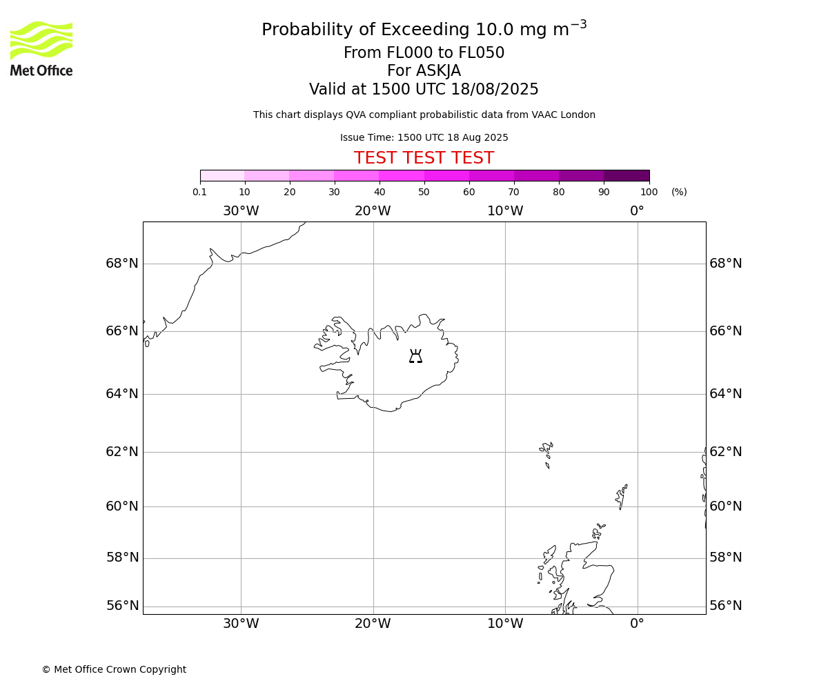 Probability of exceeding 10.0 milligrams per metre cubed. From 000 to 050 for ASKJA. Valid at 1500 UTC 18/08/2025