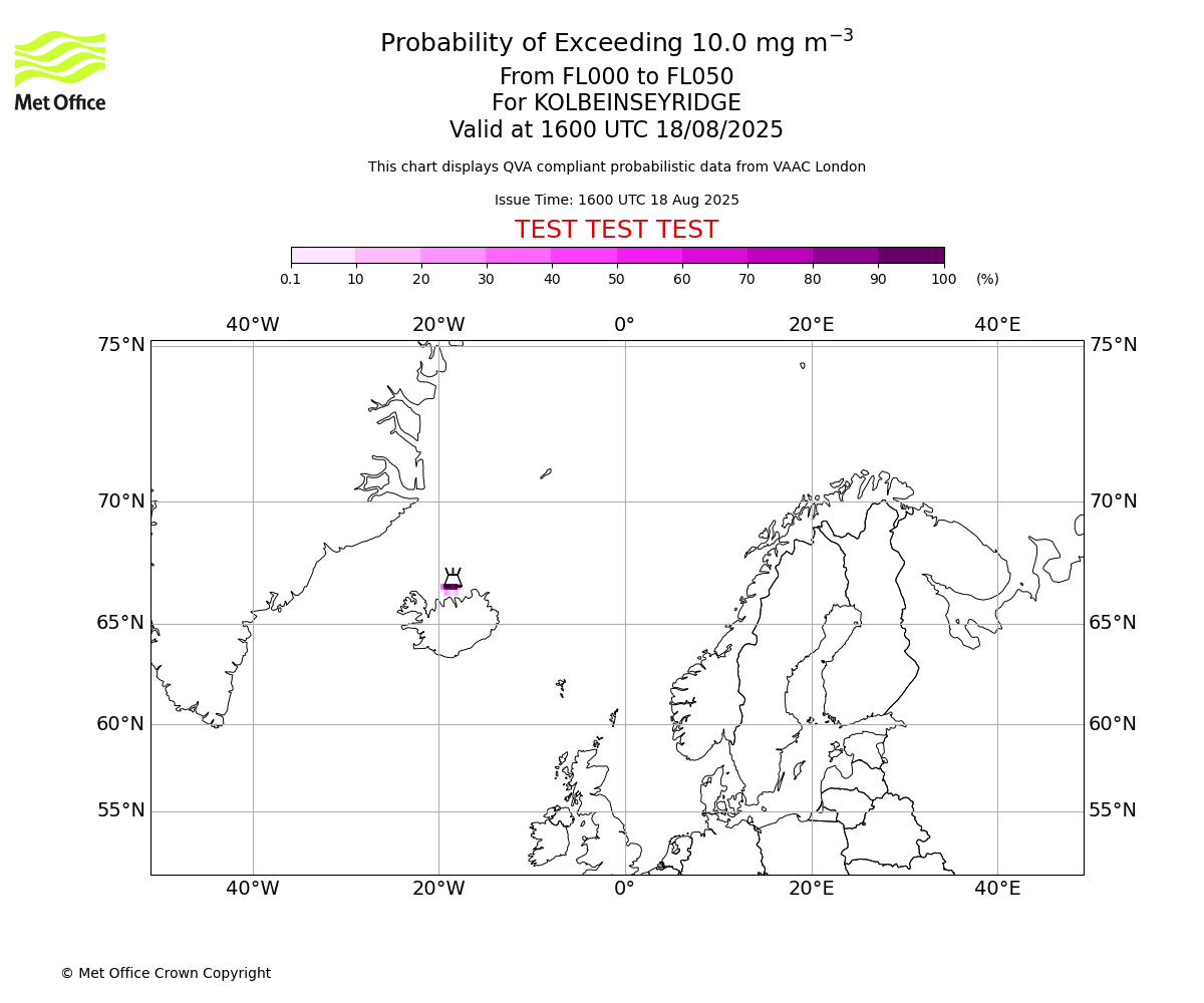 Probability of exceeding 10.0 milligrams per metre cubed. From 000 to 050 for KOLBEINSEYRIDGE. Valid at 1600 UTC 18/08/2025
