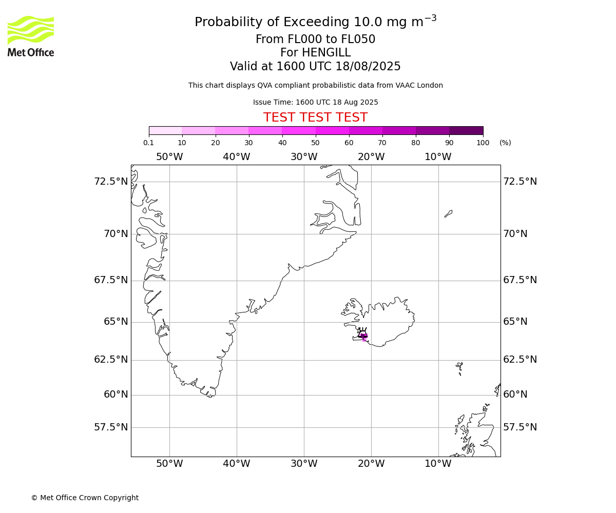 Probability of exceeding 10.0 milligrams per metre cubed. From 000 to 050 for HENGILL. Valid at 1600 UTC 18/08/2025