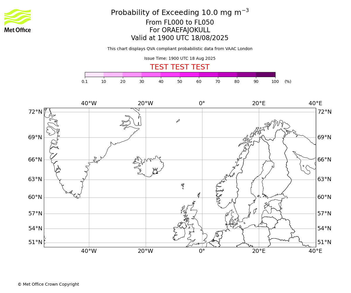 Probability of exceeding 10.0 milligrams per metre cubed. From 000 to 050 for ORAEFAJOKULL. Valid at 1900 UTC 18/08/2025