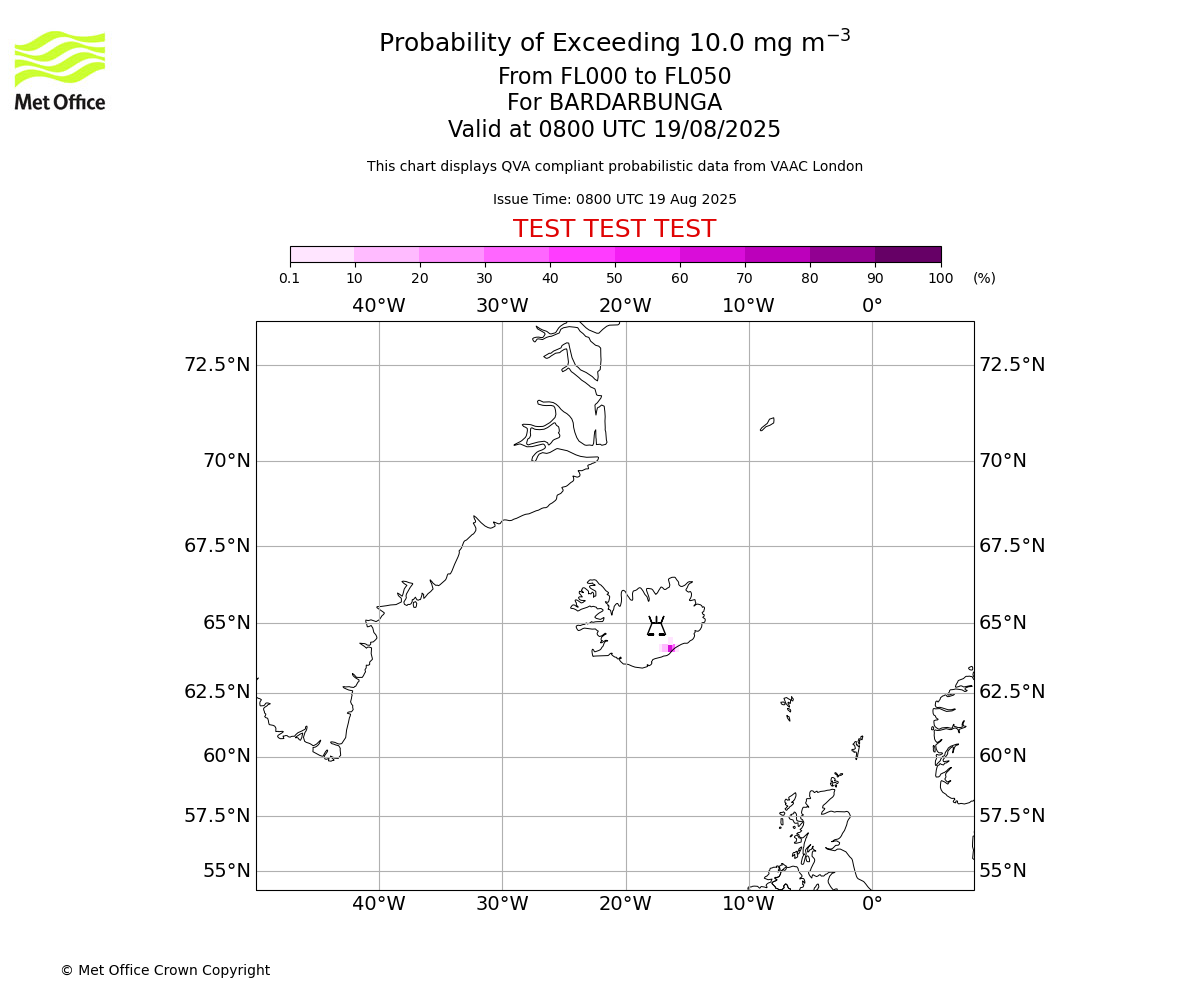 Probability of exceeding 10.0 milligrams per metre cubed. From 000 to 050 for BARDARBUNGA. Valid at 0800 UTC 19/08/2025