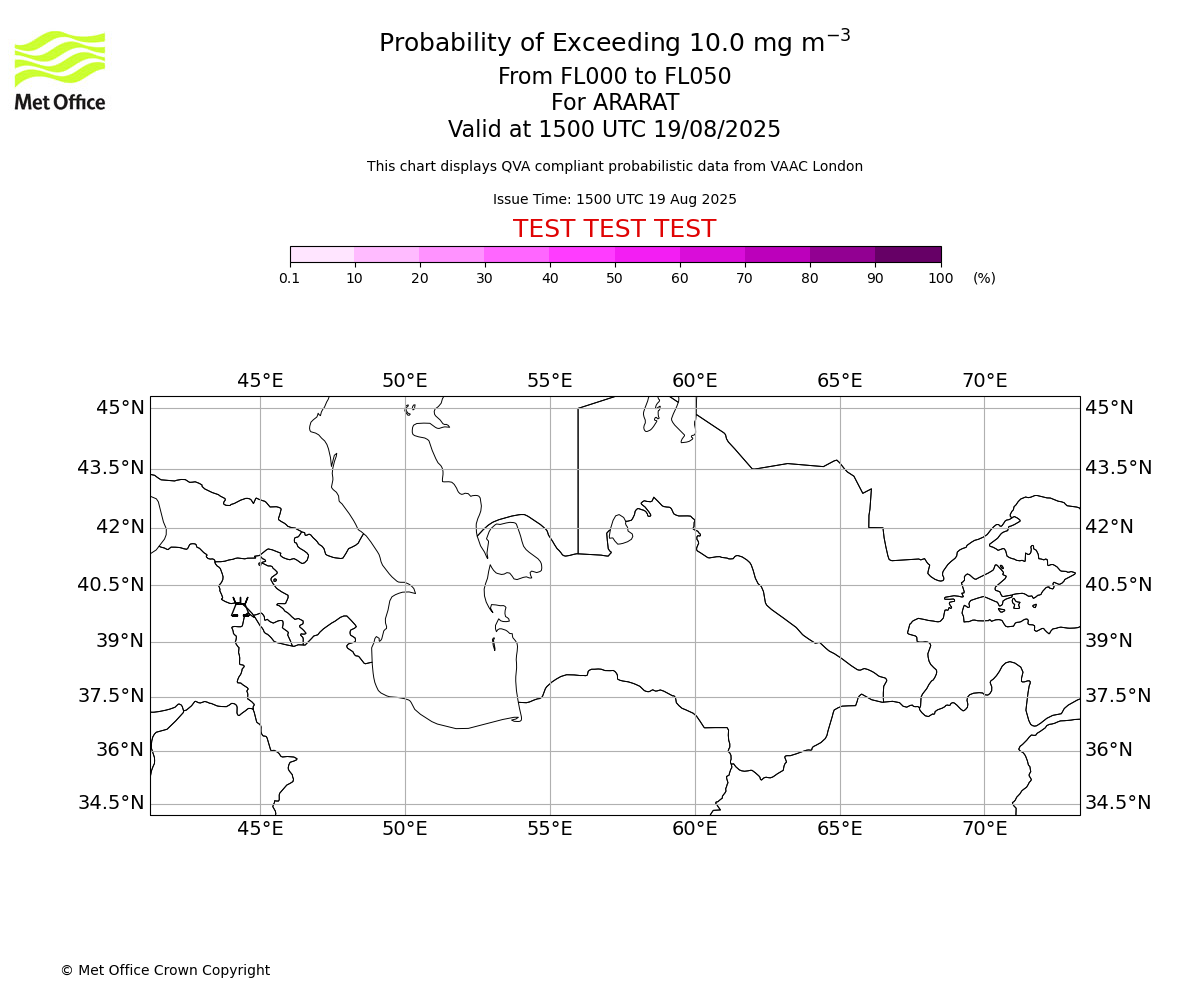 Probability of exceeding 10.0 milligrams per metre cubed. From 000 to 050 for ARARAT. Valid at 1500 UTC 19/08/2025