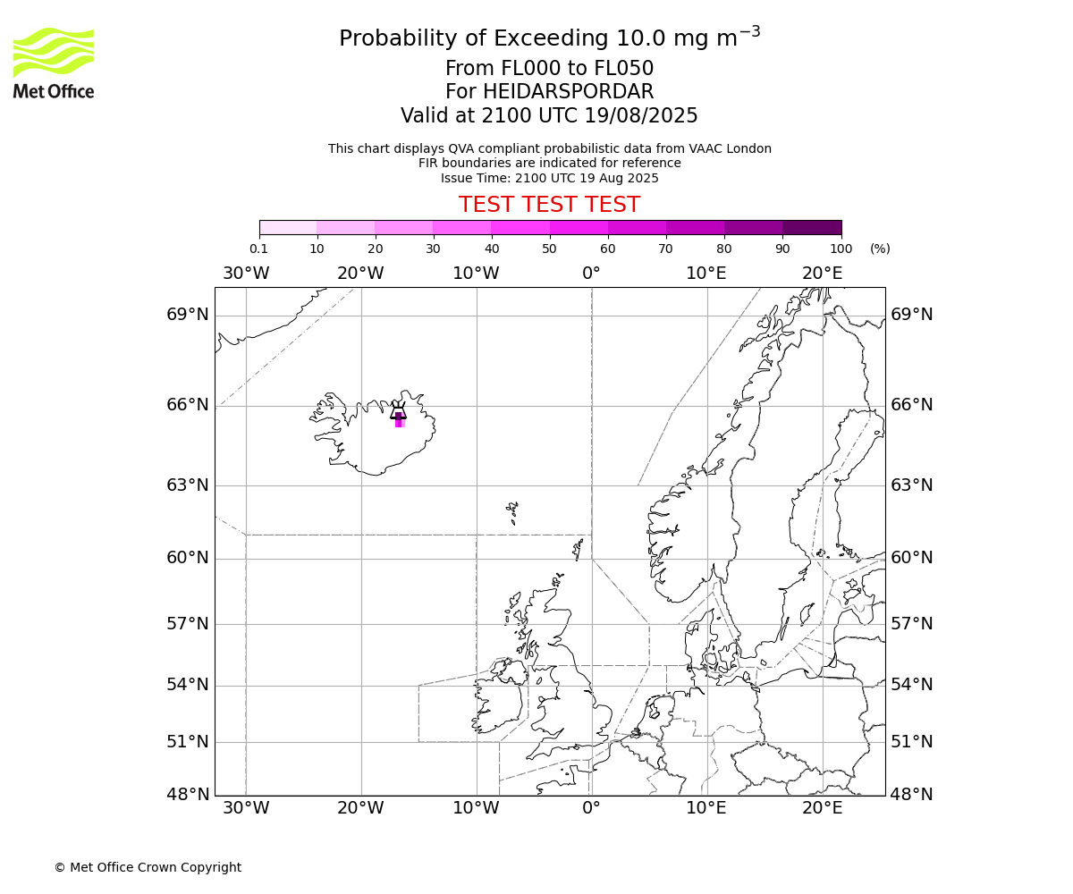 Probability of exceeding 10.0 milligrams per metre cubed. From 000 to 050 for HEIDARSPORDAR. Valid at 2100 UTC 19/08/2025