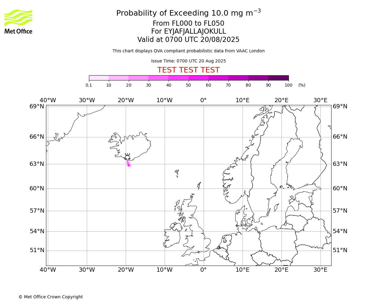 Probability of exceeding 10.0 milligrams per metre cubed. From 000 to 050 for EYJAFJALLAJOKULL. Valid at 0700 UTC 20/08/2025