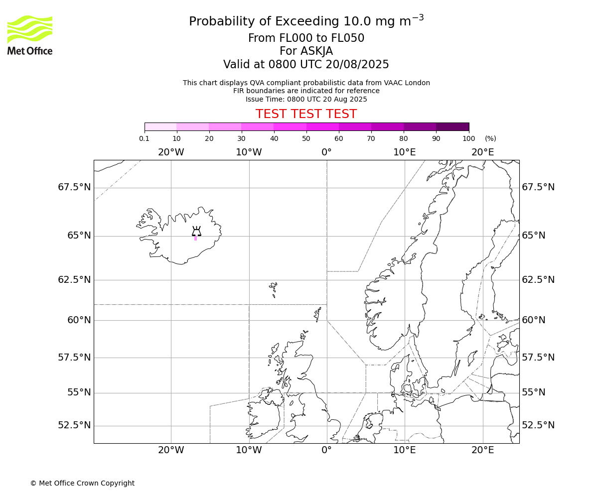 Probability of exceeding 10.0 milligrams per metre cubed. From 000 to 050 for ASKJA. Valid at 0800 UTC 20/08/2025