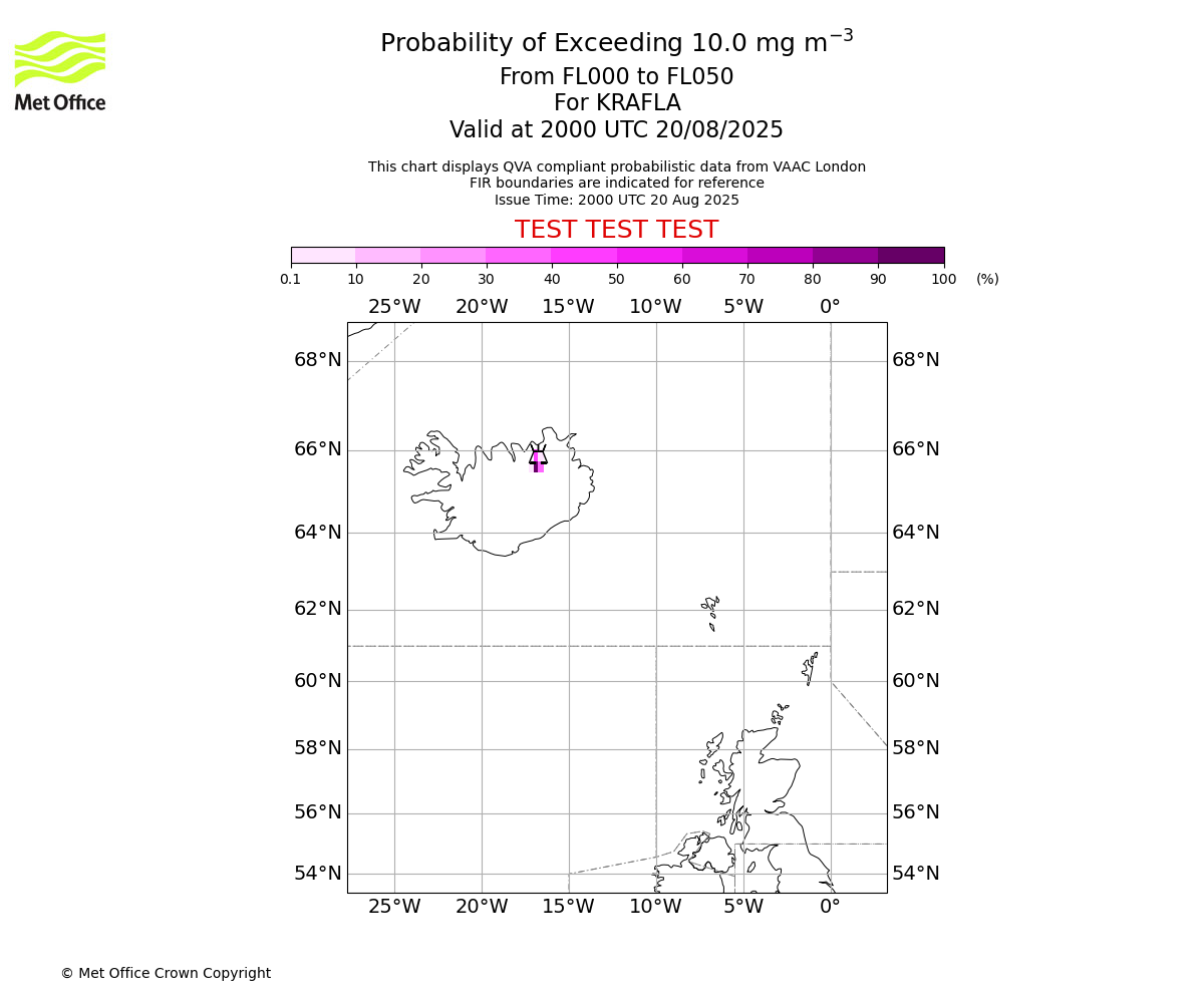 Probability of exceeding 10.0 milligrams per metre cubed. From 000 to 050 for KRAFLA. Valid at 2000 UTC 20/08/2025