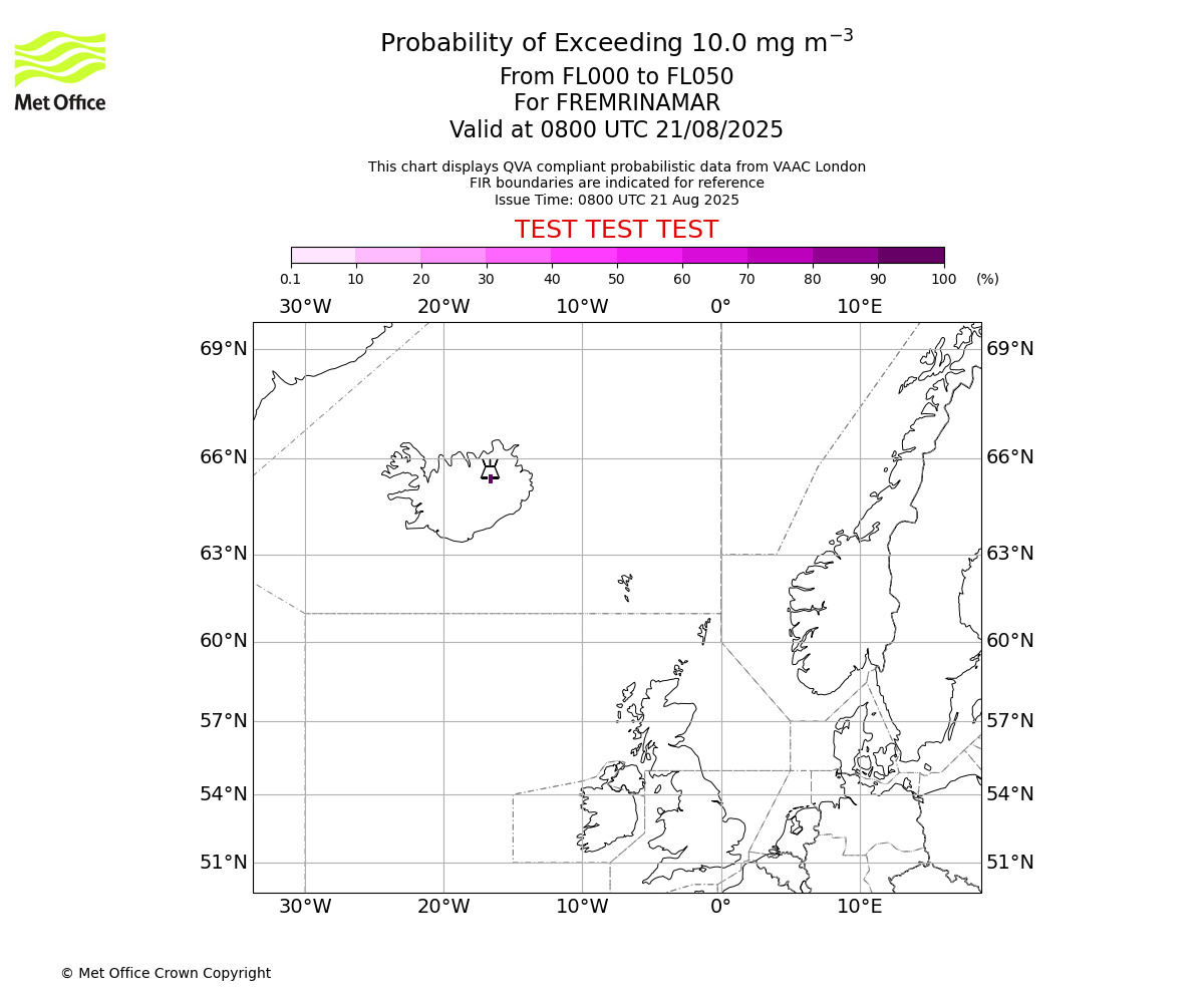Probability of exceeding 10.0 milligrams per metre cubed. From 000 to 050 for FREMRINAMAR. Valid at 0800 UTC 21/08/2025