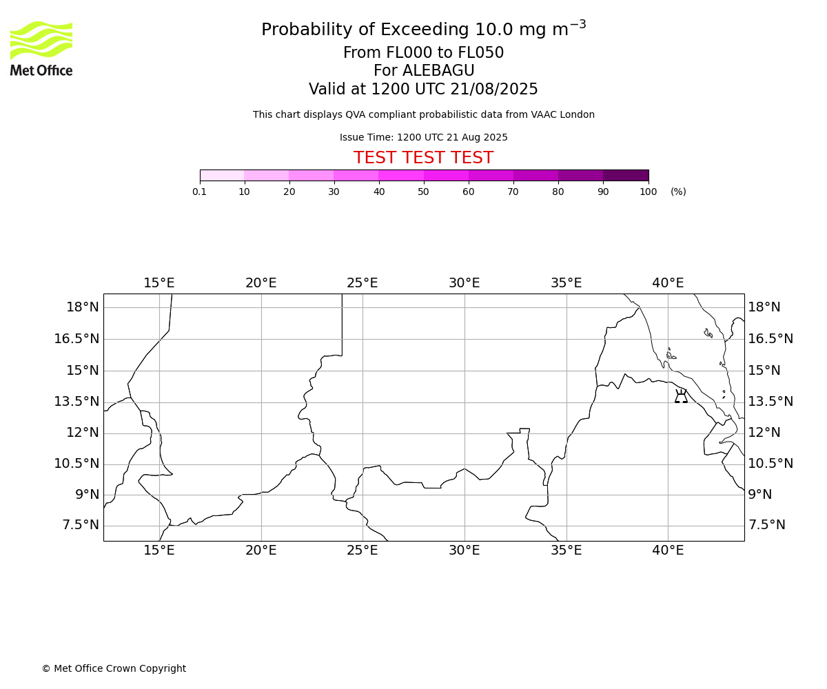 Probability of exceeding 10.0 milligrams per metre cubed. From 000 to 050 for ALEBAGU. Valid at 1200 UTC 21/08/2025