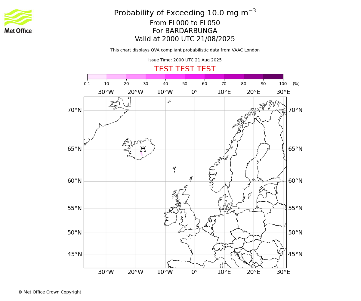 Probability of exceeding 10.0 milligrams per metre cubed. From 000 to 050 for BARDARBUNGA. Valid at 2000 UTC 21/08/2025