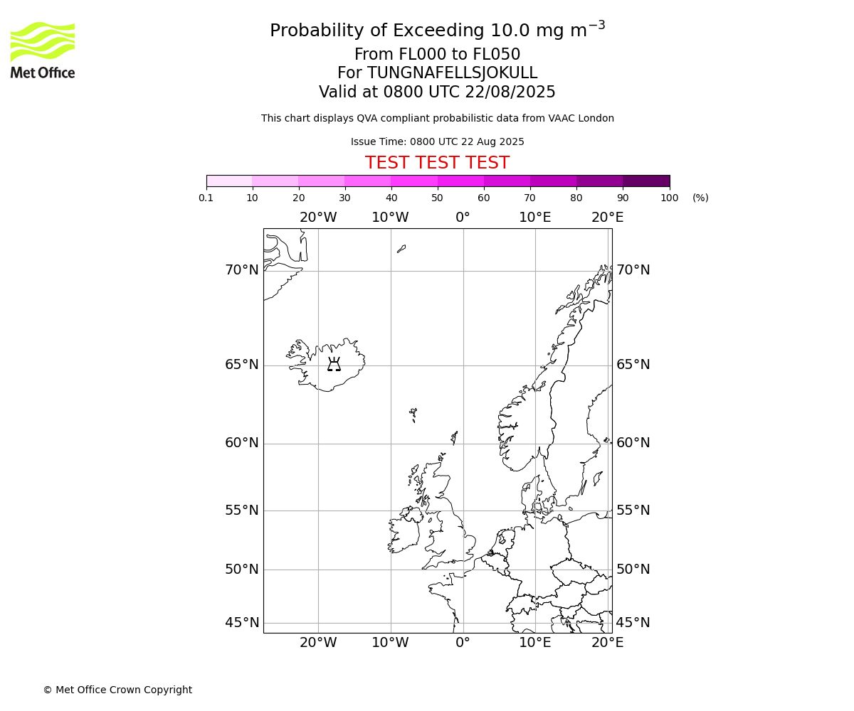 Probability of exceeding 10.0 milligrams per metre cubed. From 000 to 050 for TUNGNAFELLSJOKULL. Valid at 0800 UTC 22/08/2025