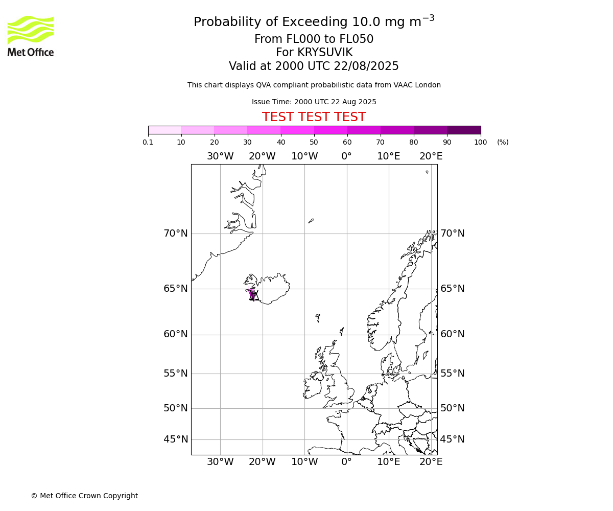 Probability of exceeding 10.0 milligrams per metre cubed. From 000 to 050 for KRYSUVIK. Valid at 2000 UTC 22/08/2025