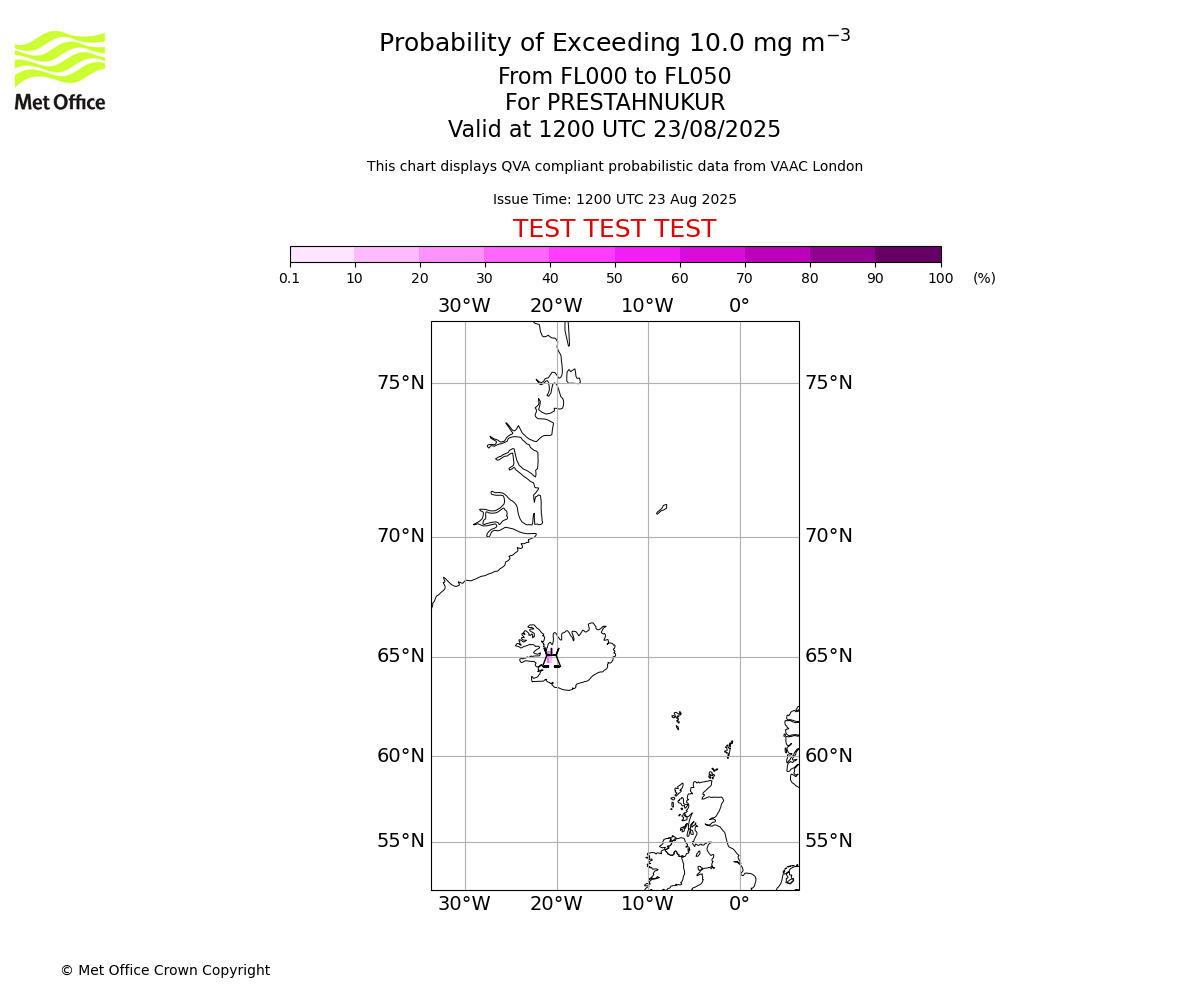 Probability of exceeding 10.0 milligrams per metre cubed. From 000 to 050 for PRESTAHNUKUR. Valid at 1200 UTC 23/08/2025