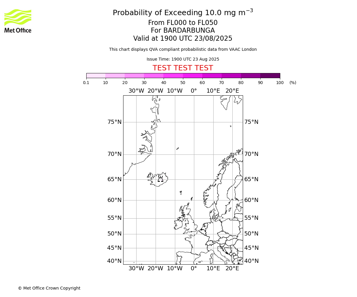Probability of exceeding 10.0 milligrams per metre cubed. From 000 to 050 for BARDARBUNGA. Valid at 1900 UTC 23/08/2025