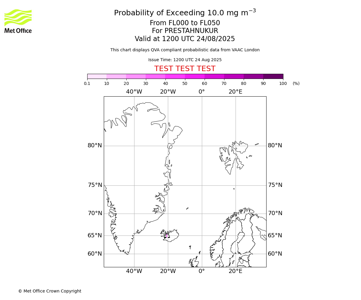 Probability of exceeding 10.0 milligrams per metre cubed. From 000 to 050 for PRESTAHNUKUR. Valid at 1200 UTC 24/08/2025