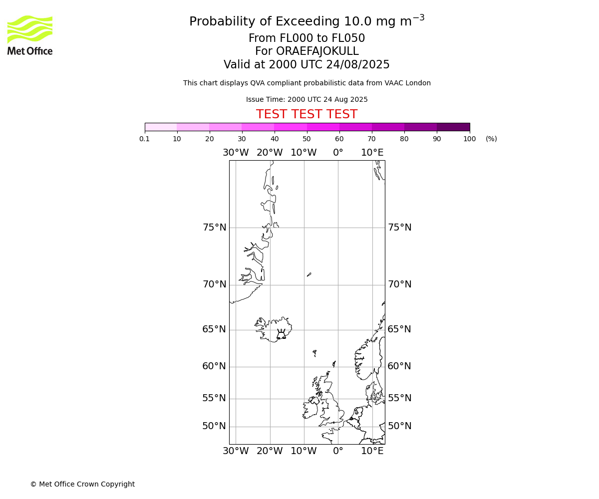 Probability of exceeding 10.0 milligrams per metre cubed. From 000 to 050 for ORAEFAJOKULL. Valid at 2000 UTC 24/08/2025