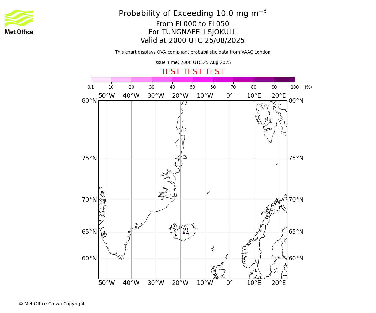 Probability of exceeding 10.0 milligrams per metre cubed. From 000 to 050 for TUNGNAFELLSJOKULL. Valid at 2000 UTC 25/08/2025
