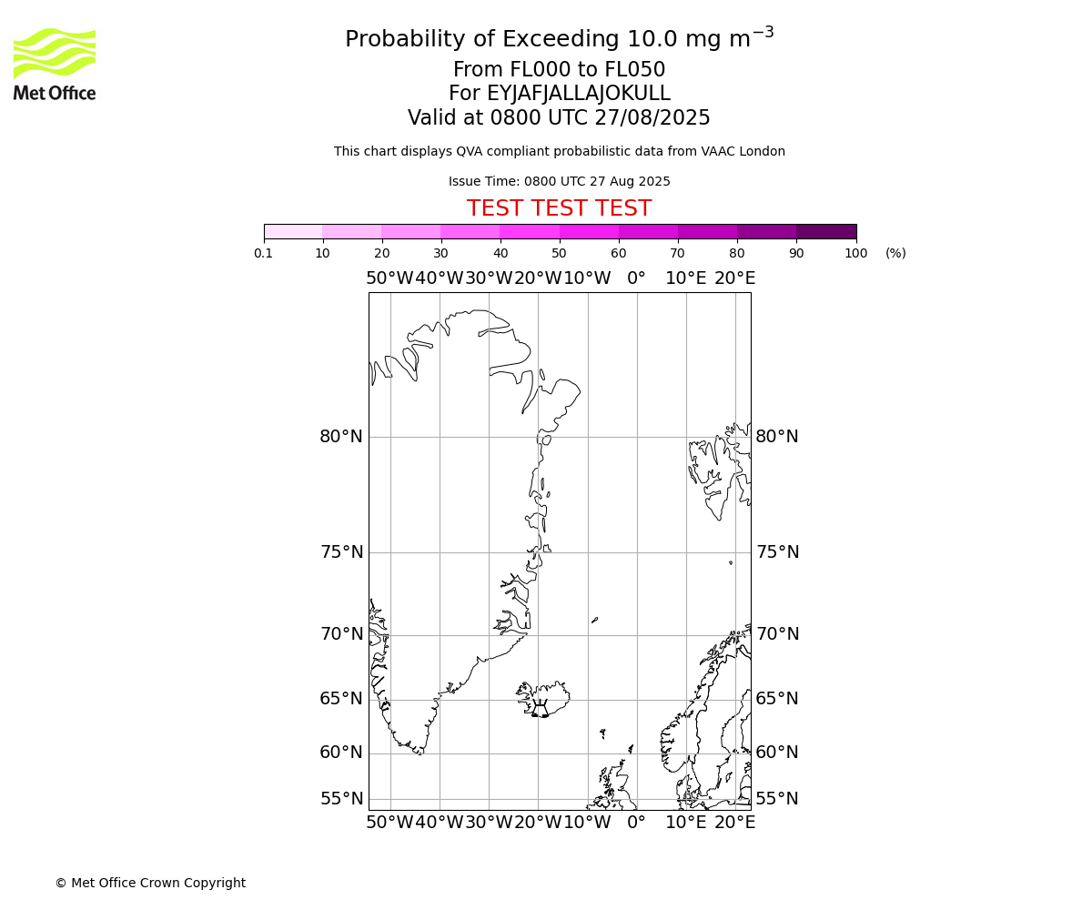 Probability of exceeding 10.0 milligrams per metre cubed. From 000 to 050 for EYJAFJALLAJOKULL. Valid at 0800 UTC 27/08/2025