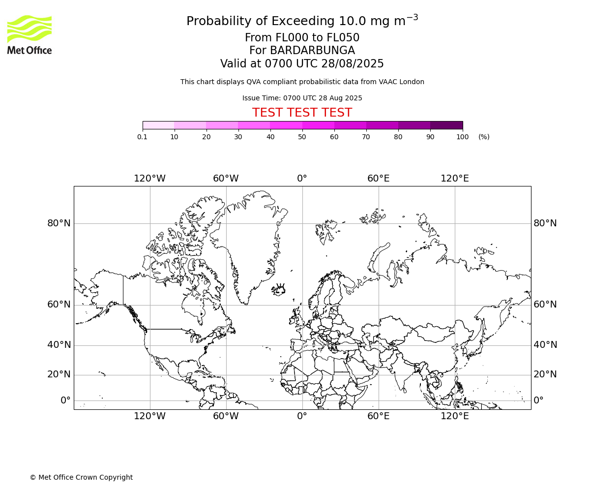 Probability of exceeding 10.0 milligrams per metre cubed. From 000 to 050 for BARDARBUNGA. Valid at 0700 UTC 28/08/2025