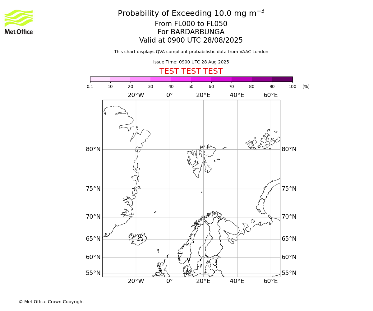Probability of exceeding 10.0 milligrams per metre cubed. From 000 to 050 for BARDARBUNGA. Valid at 0900 UTC 28/08/2025