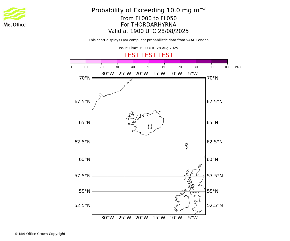 Probability of exceeding 10.0 milligrams per metre cubed. From 000 to 050 for THORDARHYRNA. Valid at 1900 UTC 28/08/2025