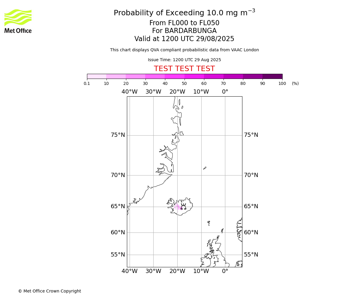 Probability of exceeding 10.0 milligrams per metre cubed. From 000 to 050 for BARDARBUNGA. Valid at 1200 UTC 29/08/2025