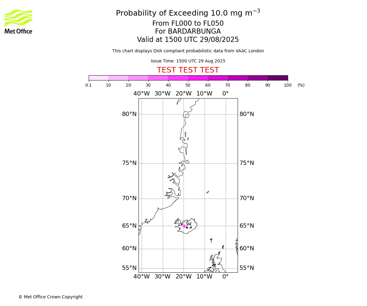Probability of exceeding 10.0 milligrams per metre cubed. From 000 to 050 for BARDARBUNGA. Valid at 1500 UTC 29/08/2025