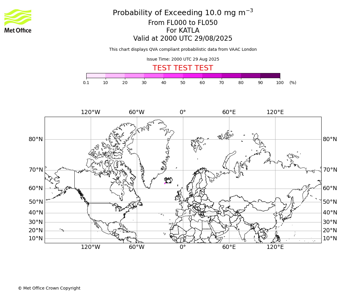 Probability of exceeding 10.0 milligrams per metre cubed. From 000 to 050 for KATLA. Valid at 2000 UTC 29/08/2025