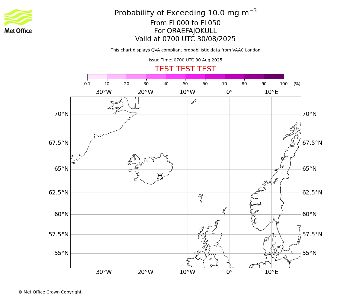 Probability of exceeding 10.0 milligrams per metre cubed. From 000 to 050 for ORAEFAJOKULL. Valid at 0700 UTC 30/08/2025