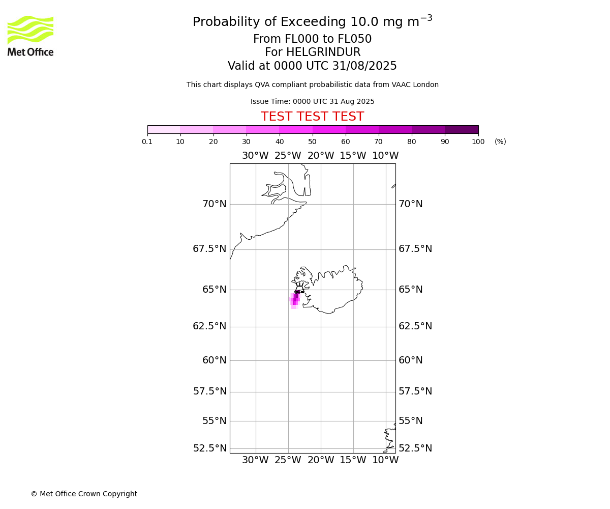 Probability of exceeding 10.0 milligrams per metre cubed. From 000 to 050 for HELGRINDUR. Valid at 0000 UTC 31/08/2025