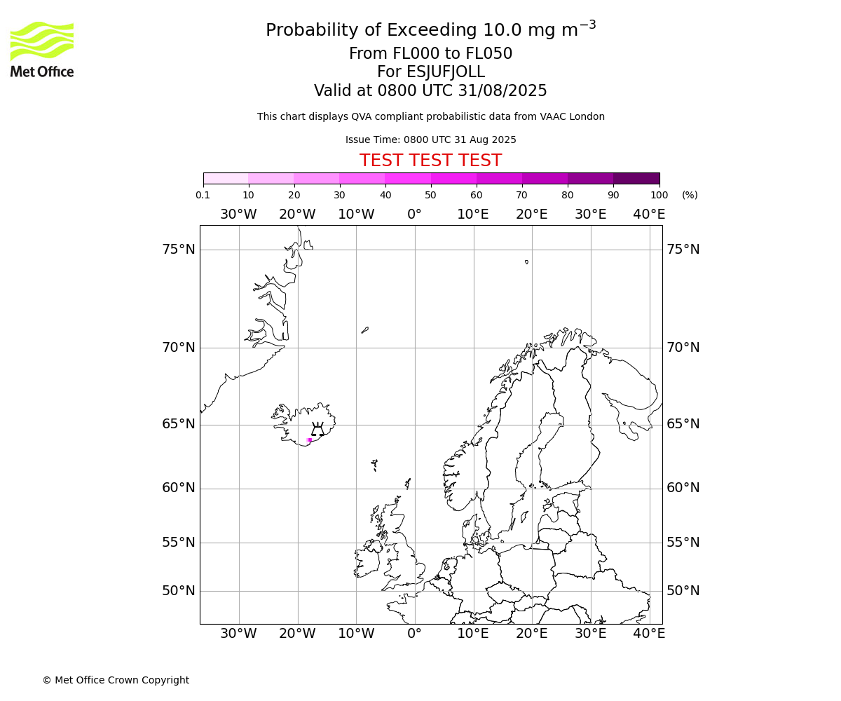 Probability of exceeding 10.0 milligrams per metre cubed. From 000 to 050 for ESJUFJOLL. Valid at 0800 UTC 31/08/2025