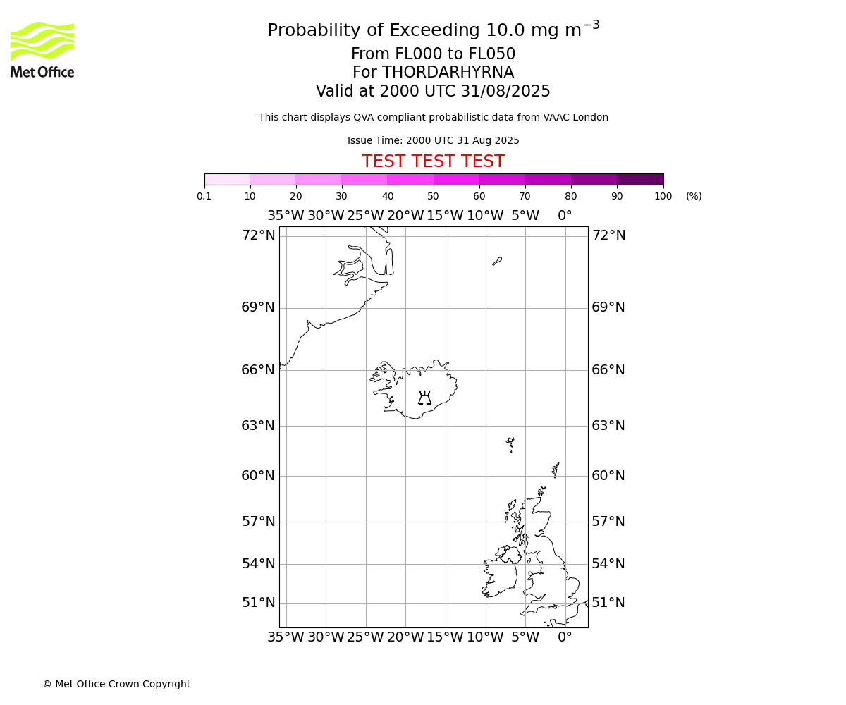 Probability of exceeding 10.0 milligrams per metre cubed. From 000 to 050 for THORDARHYRNA. Valid at 2000 UTC 31/08/2025
